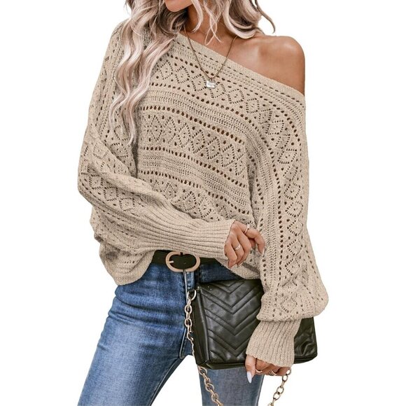 Tops - Women's Crochet Off Shoulder Sweater Light Brown Small Oversized Long Sleeve
